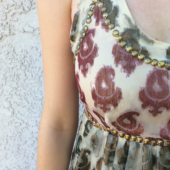 Free People Babydoll Pleated Studded Metallic High Waist Empire Mini Dress - Picture 4 of 8